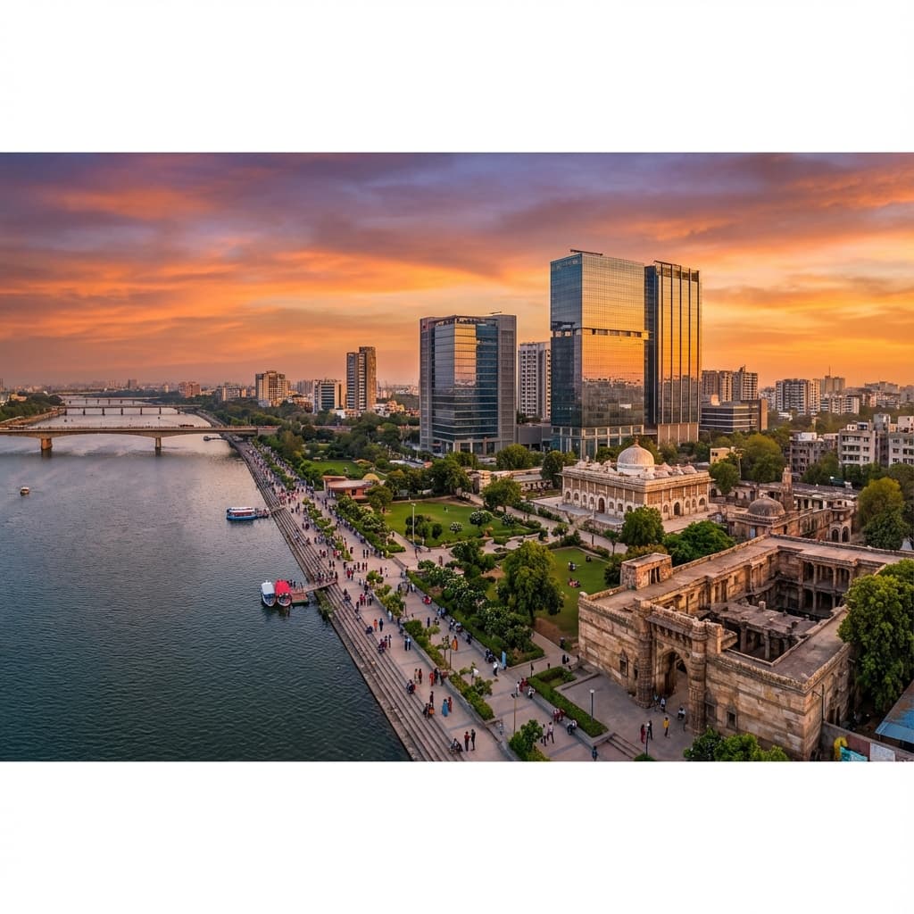Ahmedabad city skyline at golden hour