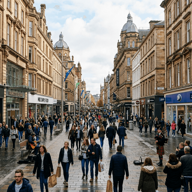 Buchanan Street, a vibrant pedestrianised shopping street in Glasgow