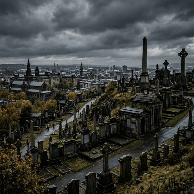 Glasgow Necropolis, a Victorian cemetery on a hillside with dramatic monuments